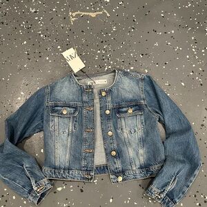 Zara Blue Denim collarless  Cropped Jacket